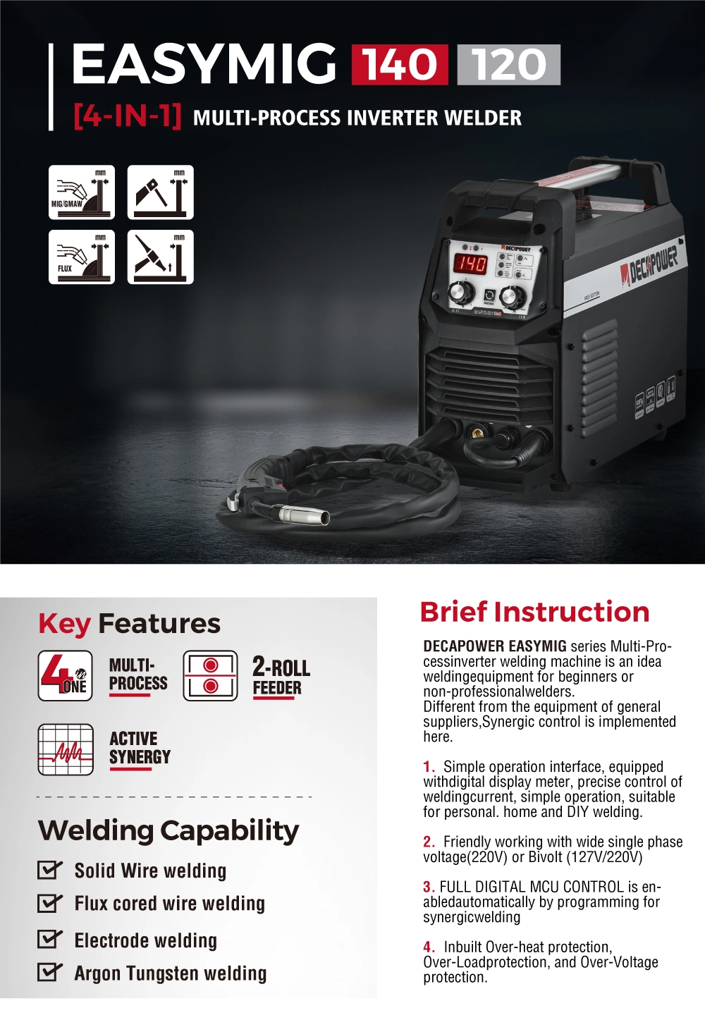 Decapower New Arrival Economy CO2 Gasless MMA/TIG /MIG IGBT Inverter Welder 140A